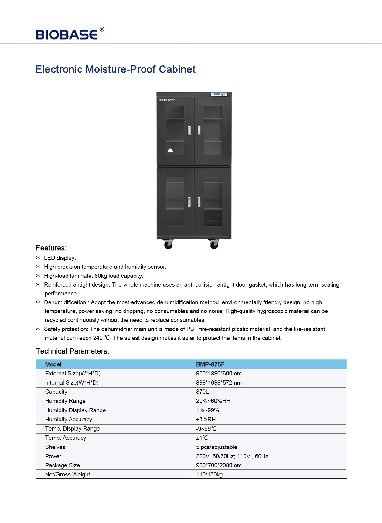 Elektronischer feuchtigkeitsbeständiger Schrank BMP-875F