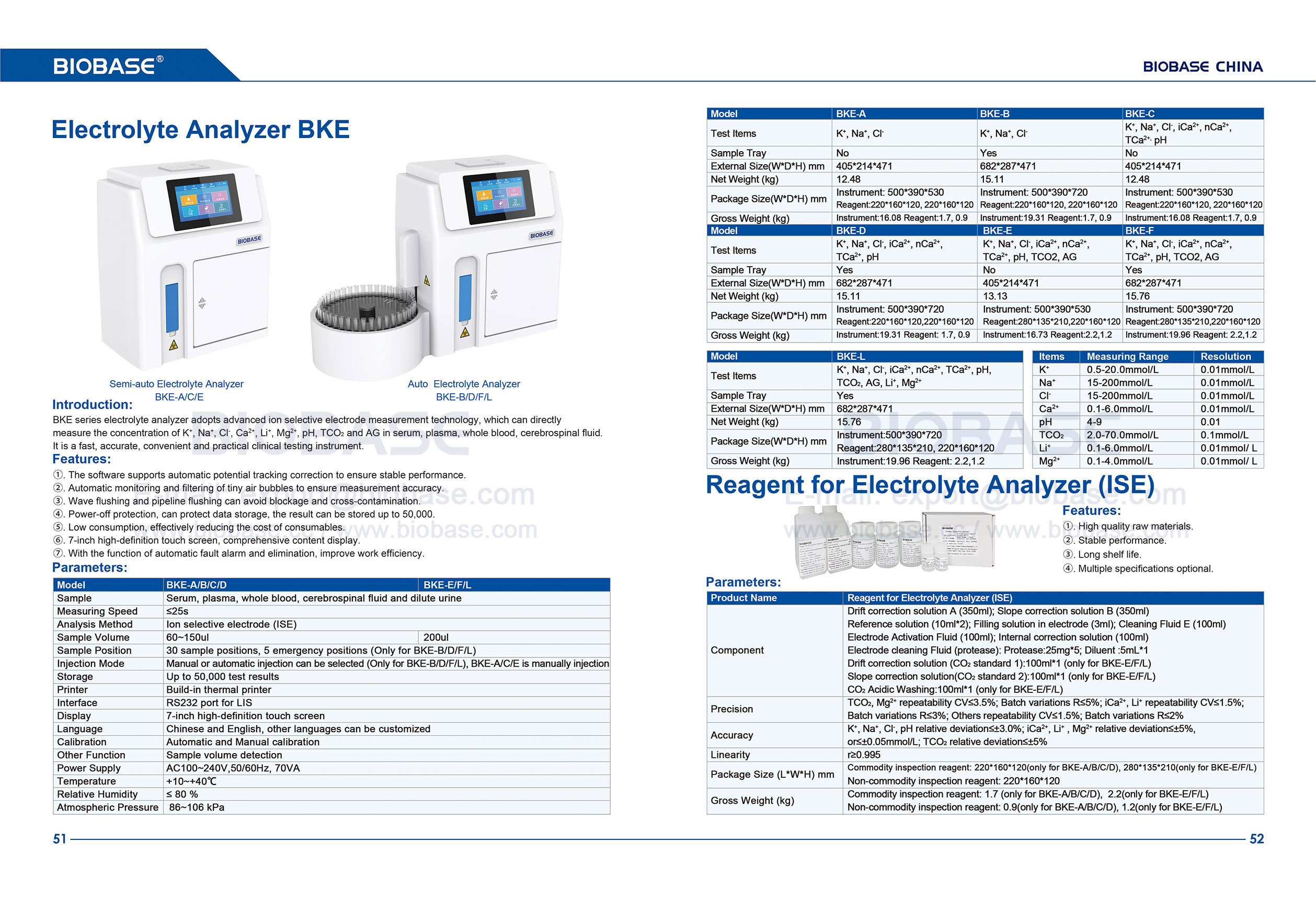 51-52 Elektrolytanalysator BKE & Reagenz für Elektrolytanalysator (ISE)