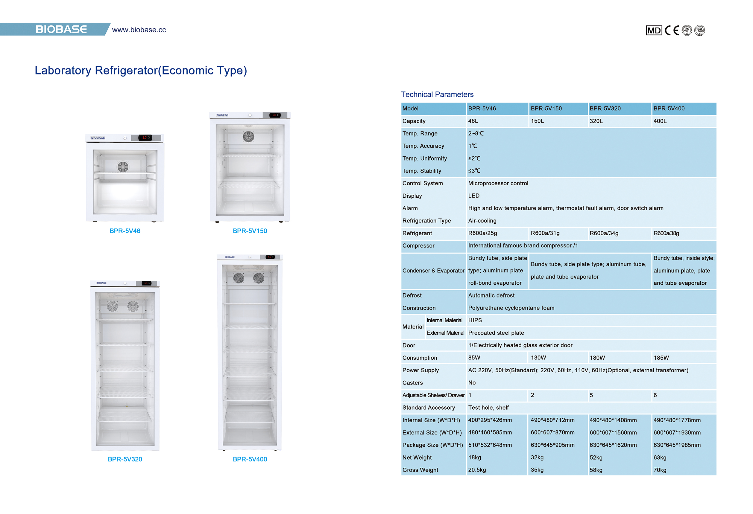 Laborkühlschrank (Wirtschaftstyp) BPR-5v46 BPR-5v150 BPR-5v320 BPR-5v400