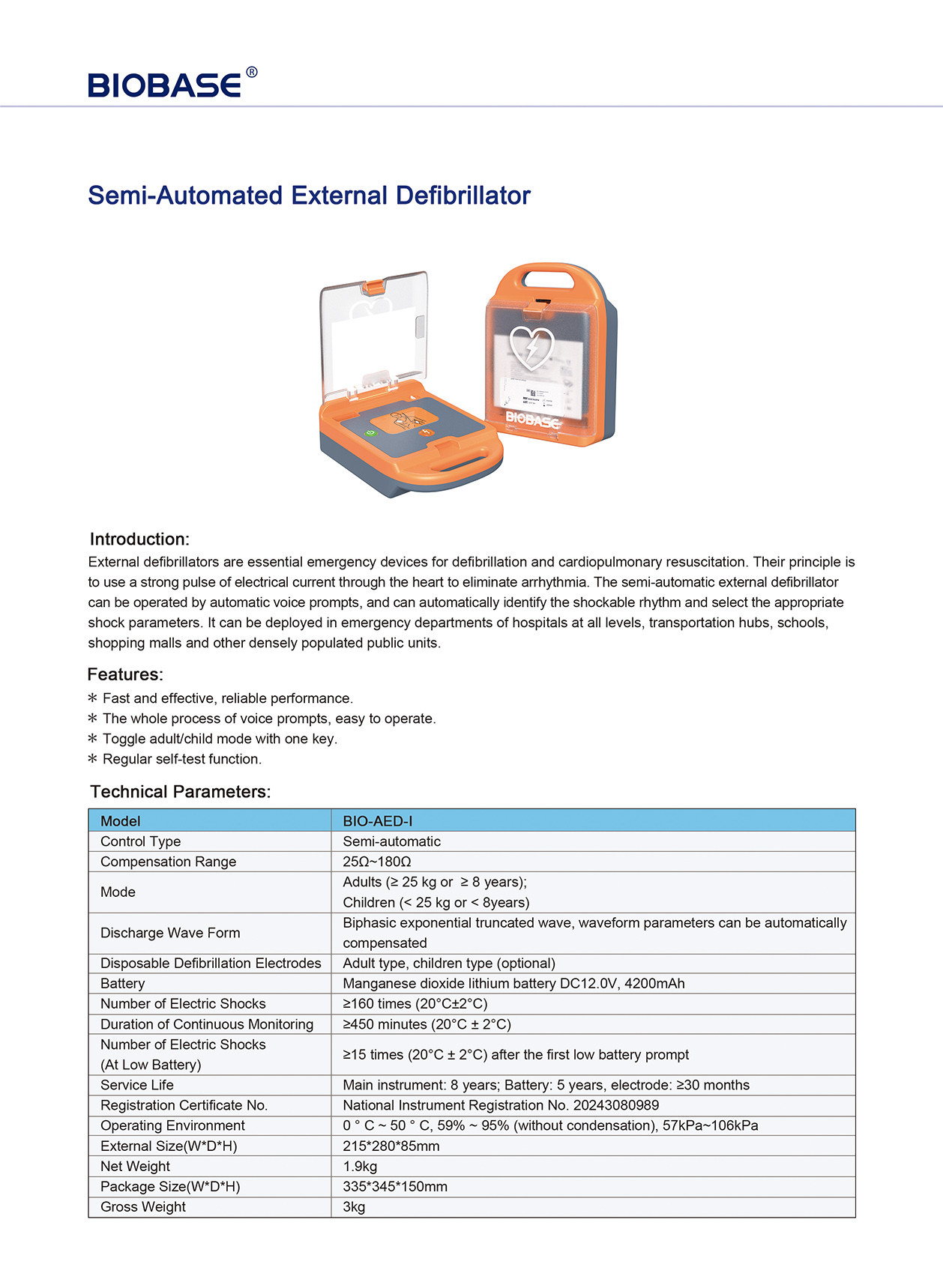 Halbautomatischer externer Defibrillator BIO-AED-I