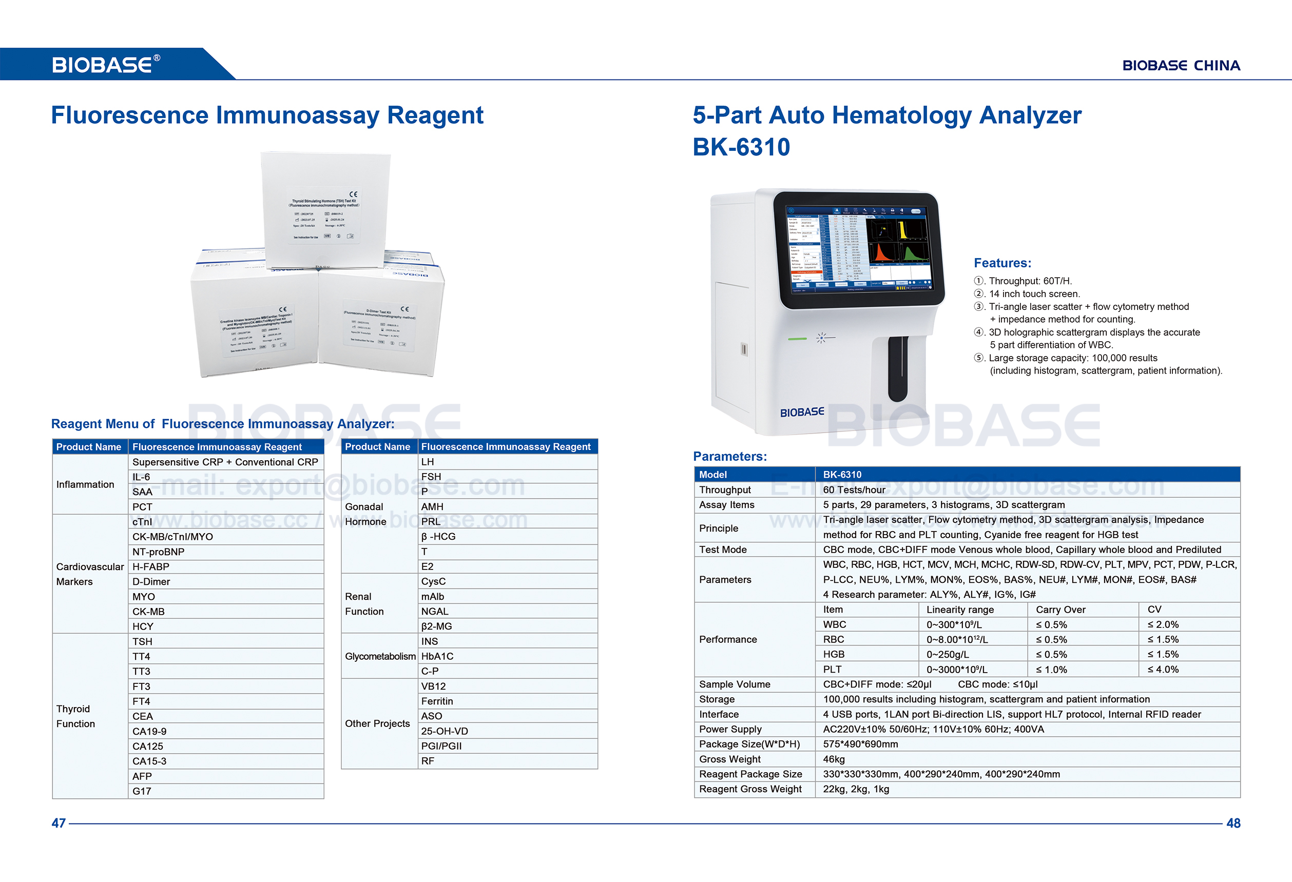 47-48 Fluoreszenz-Immunoassay-Reagenz & 5-teiliges Auto-Hämatologie-Analysator BK-6310