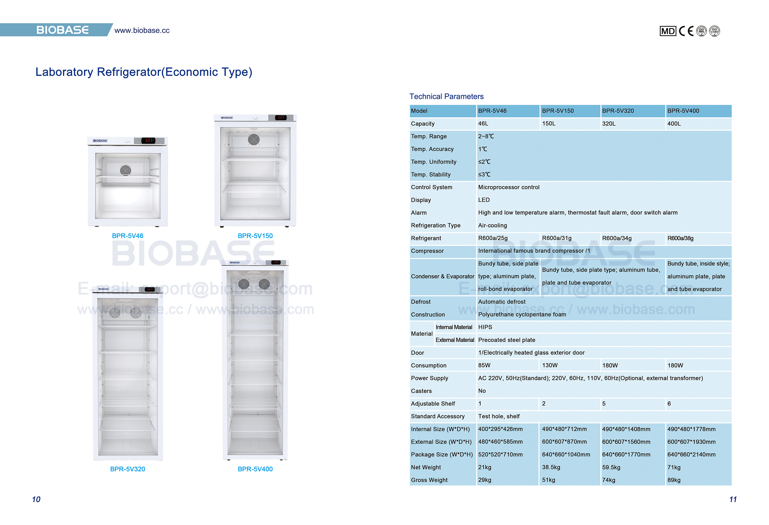 10-11 Labork&uuml;hlschrank (Wirtschaftstyp) BPR-5v46 BPR-5v150 BPR-5v320 BPR-5v400