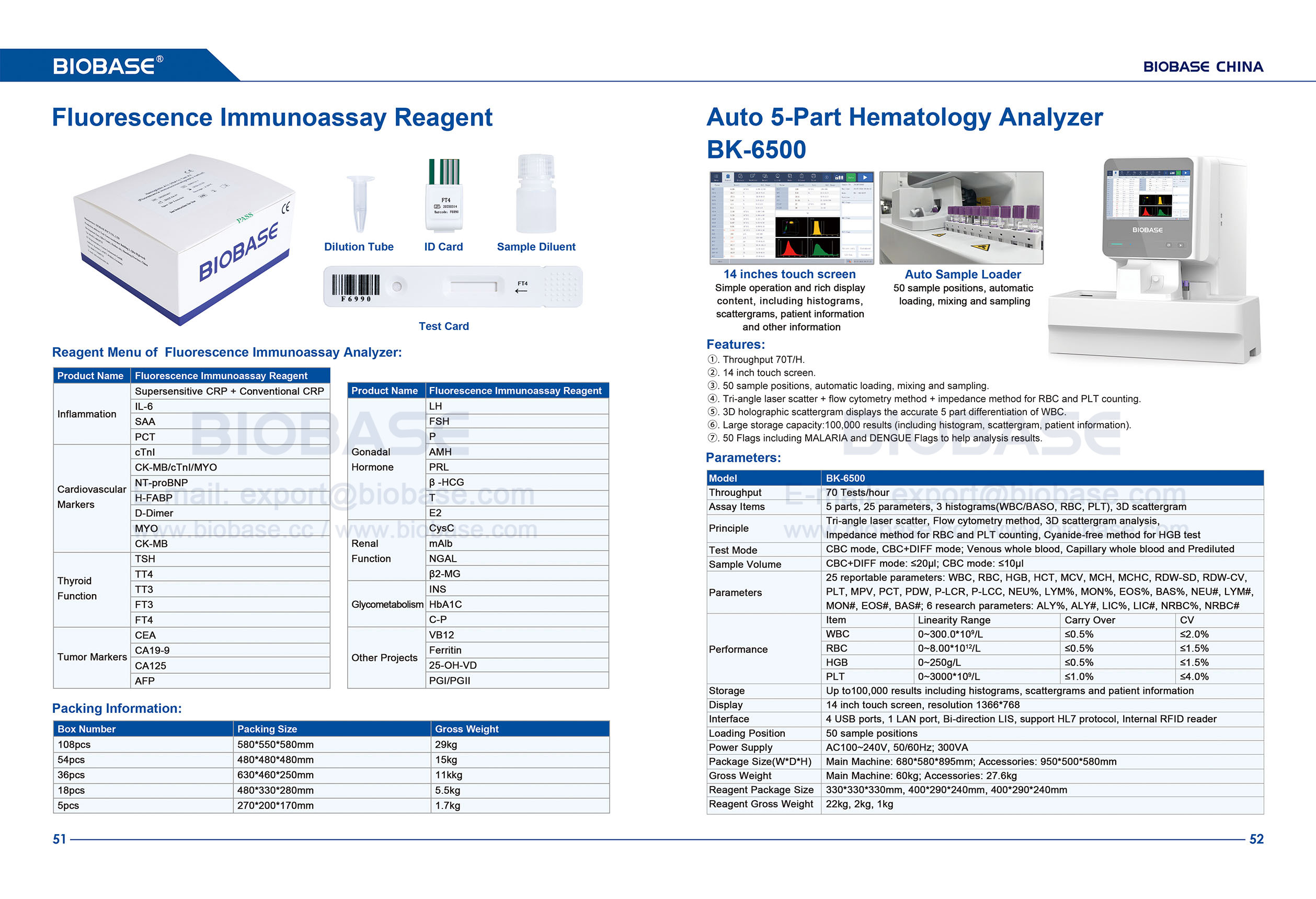 51-52 Fluoreszenz-Immunoassay-Reagenz & Auto 5-Part-Hämatologie-Analysator BK-6500