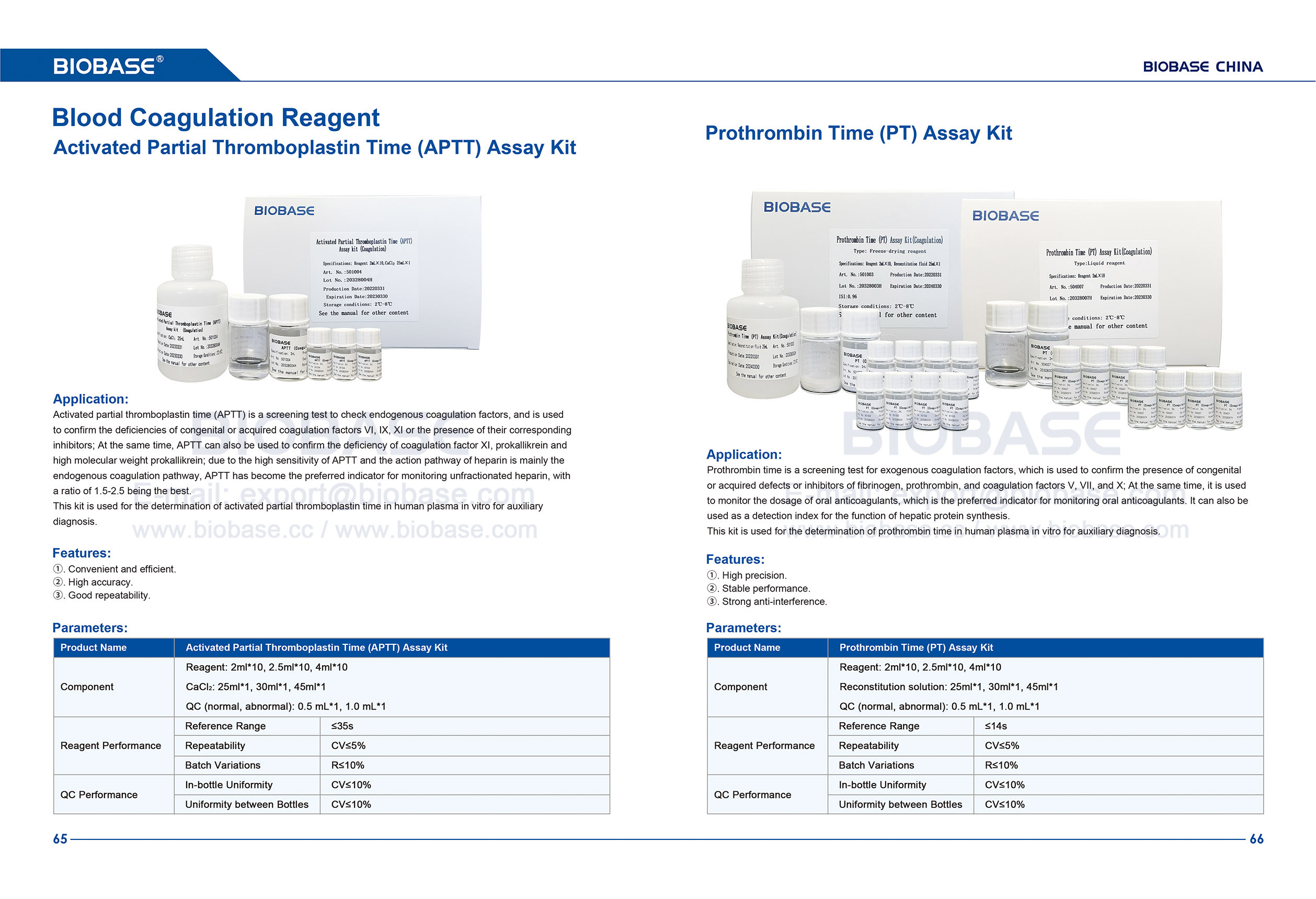65-66 Testkit für aktivierte partielle Thromboplastinzeit (APTT) und Testkit für die Prothrombinzeit (PT).