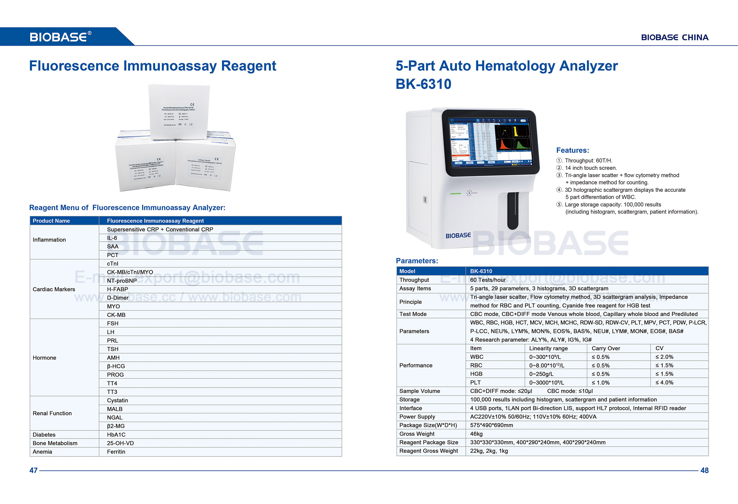 47-48 Fluoreszenz-Immunoassay-Reagenz und 5-teiliger automatischer Hämatologieanalysator BK-6310