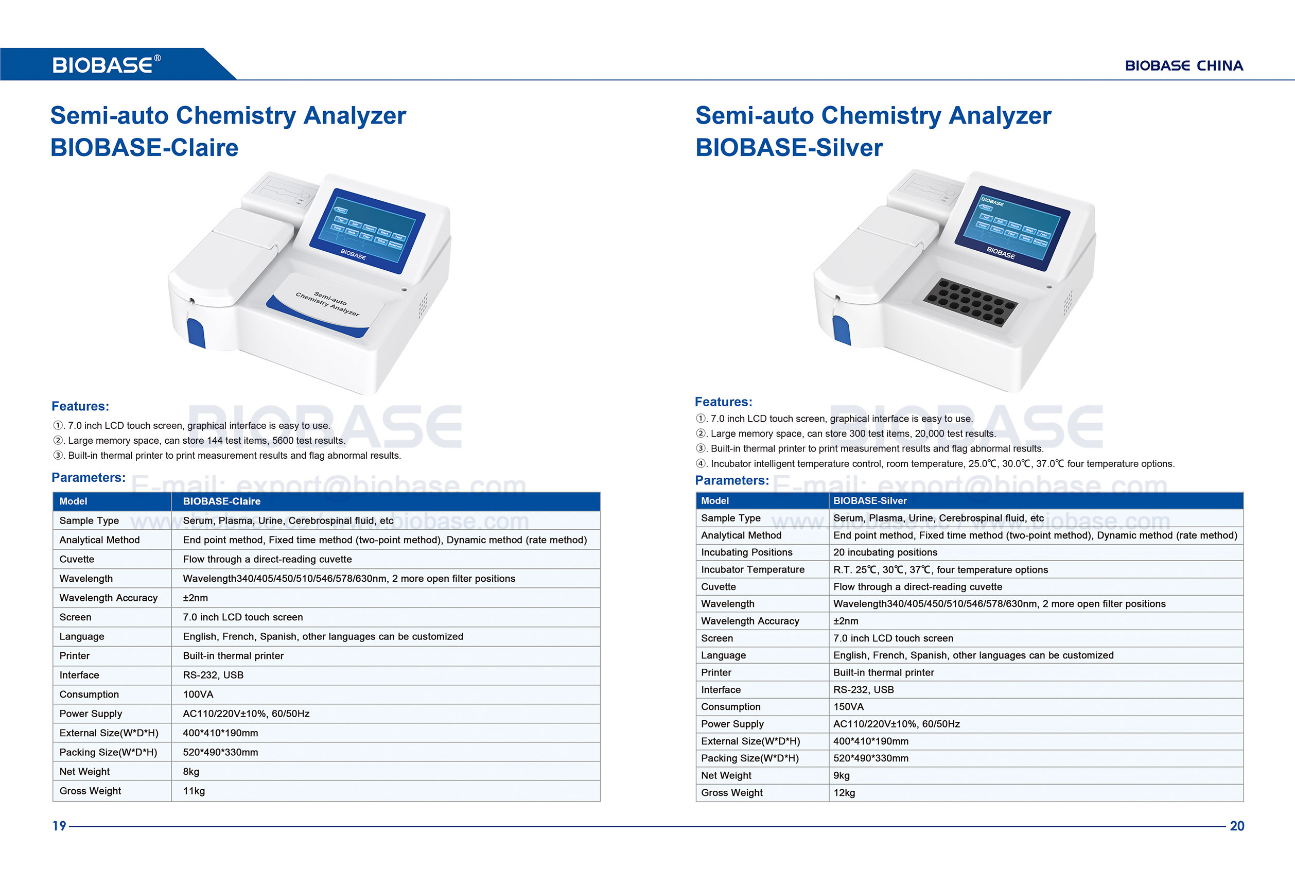 19-20 Halbautomatischer Chemieanalysator BIOBASE-Claire&BIOBASE-Silver