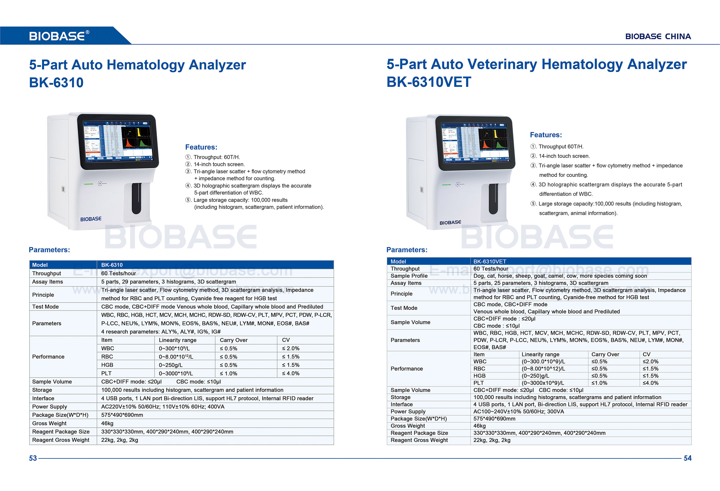 53-54 5-teiliges Auto-Hämatologie-Analysator BK-6310 & 5-teiliges Auto-Veterinär-Hämatologie-Analysator BK-6310VET