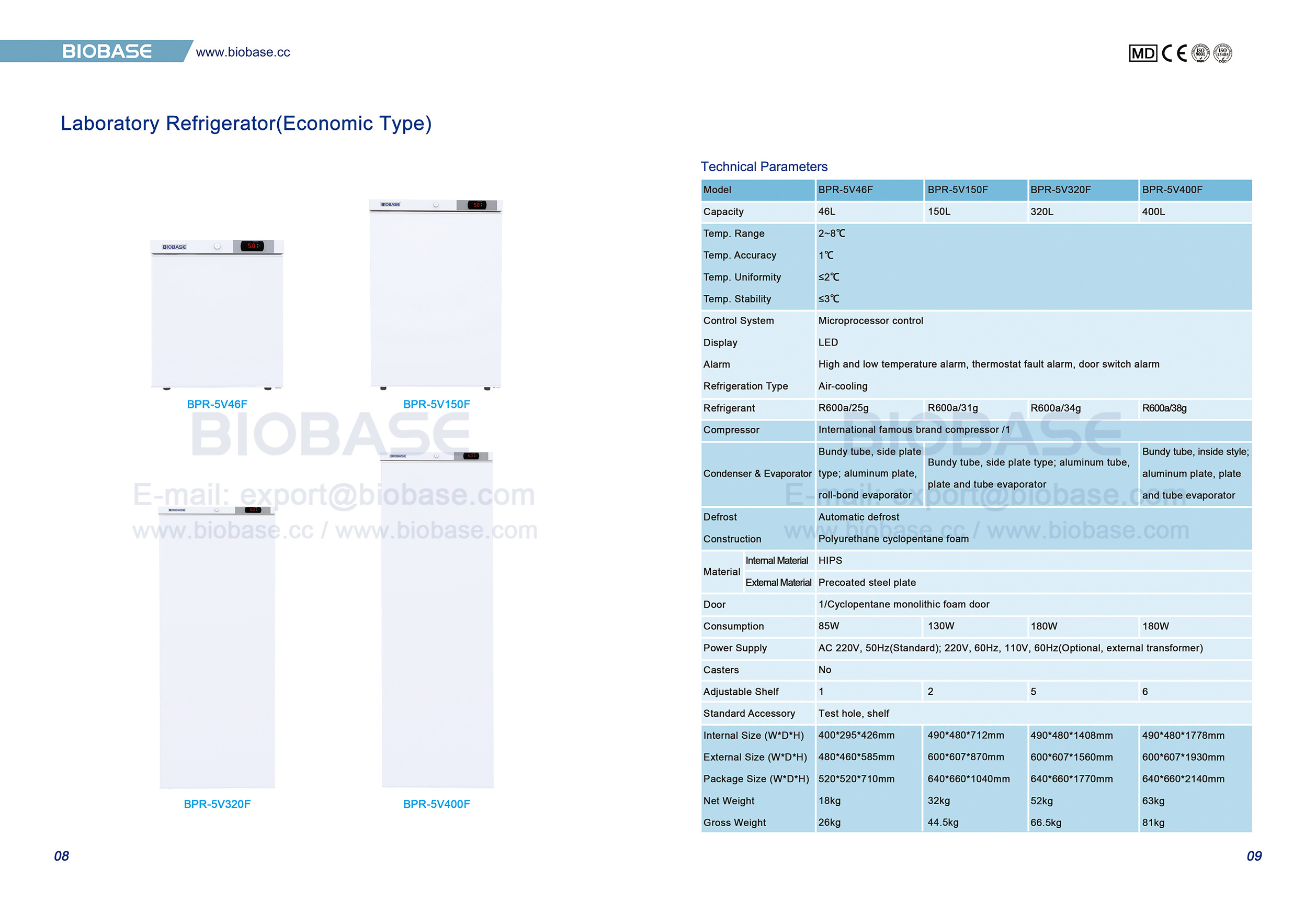 8-9 Labork&uuml;hlschrank (Wirtschaftstyp) BPR-5v46f BPR-5v150f BPR-5v320f BPR-5v400f