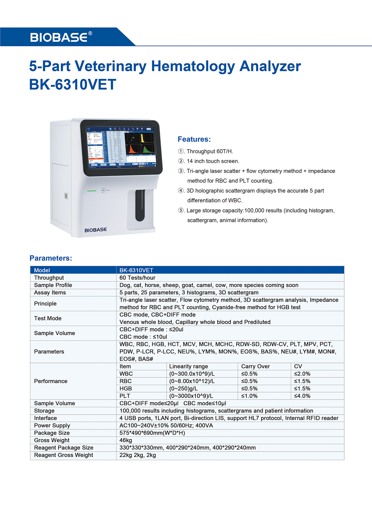 5-teiliges Veterinär-Hämatologie-Analysegerät BK-6310VET