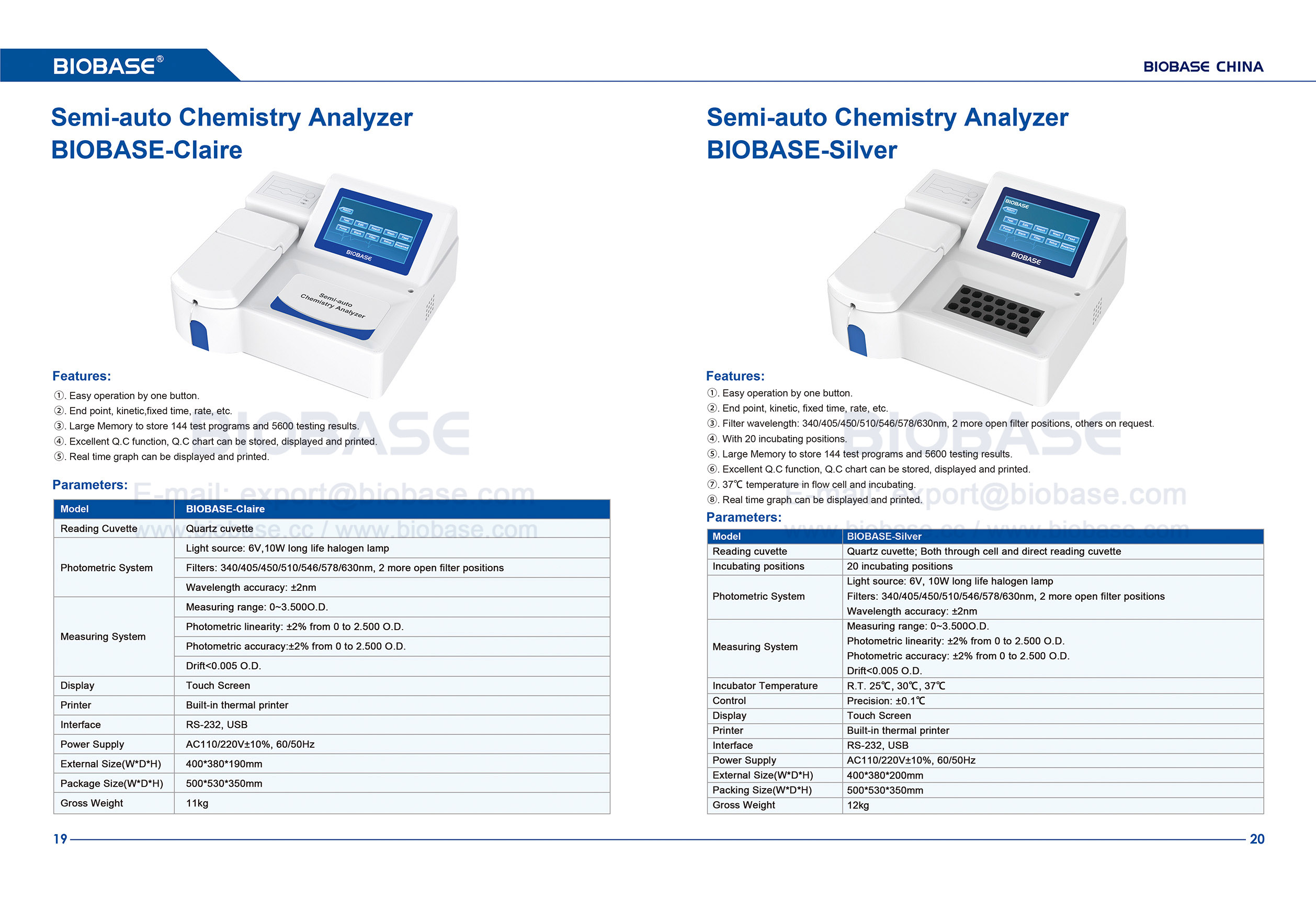 19-20 Halbautomatischer Chemieanalysator BIOBASE-Claire&BIOBASE-Silver