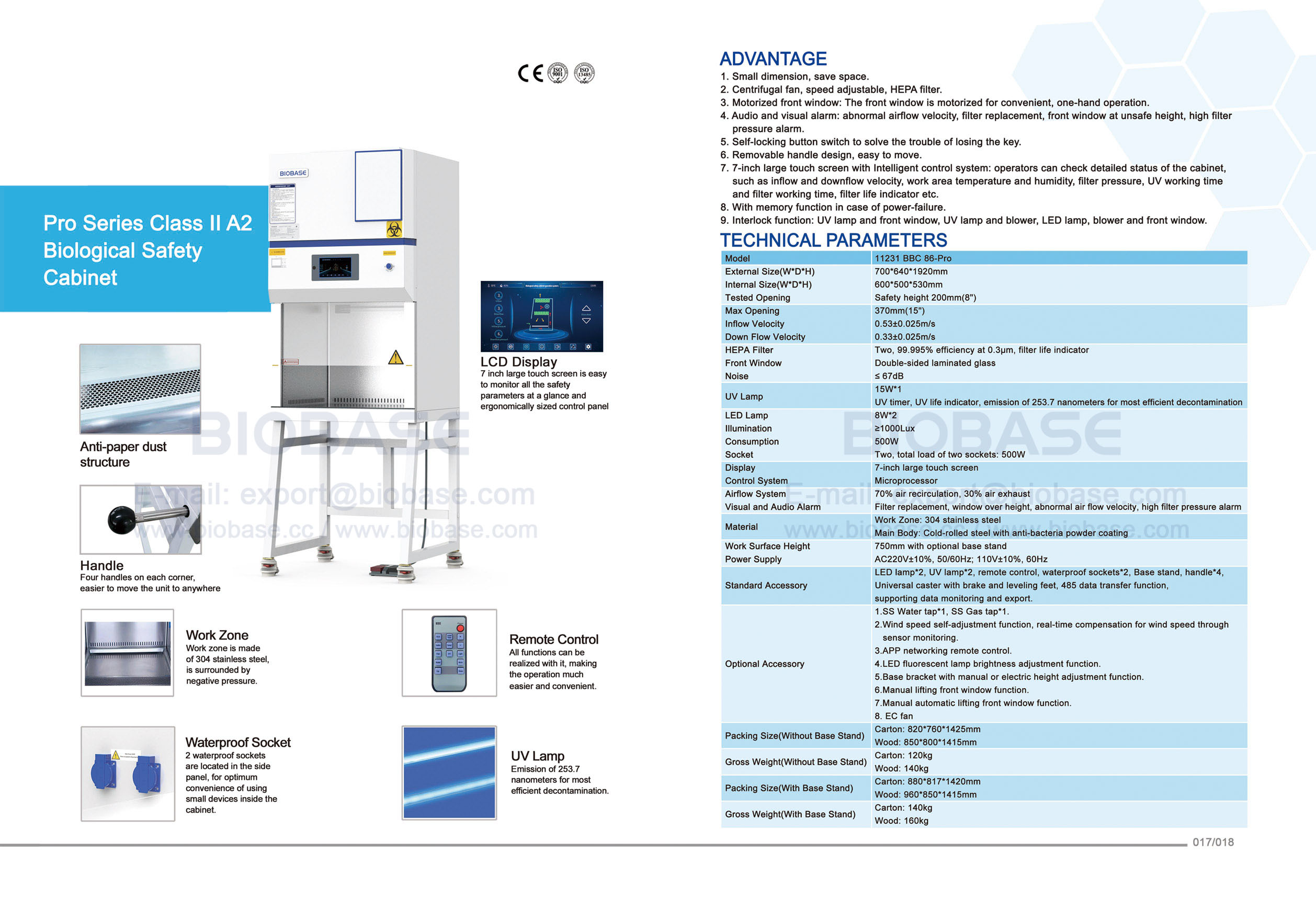 17-18 Pro Series Klasse II A2 Biologischer Sicherheitsschrank 11231 BBC 86-PRO