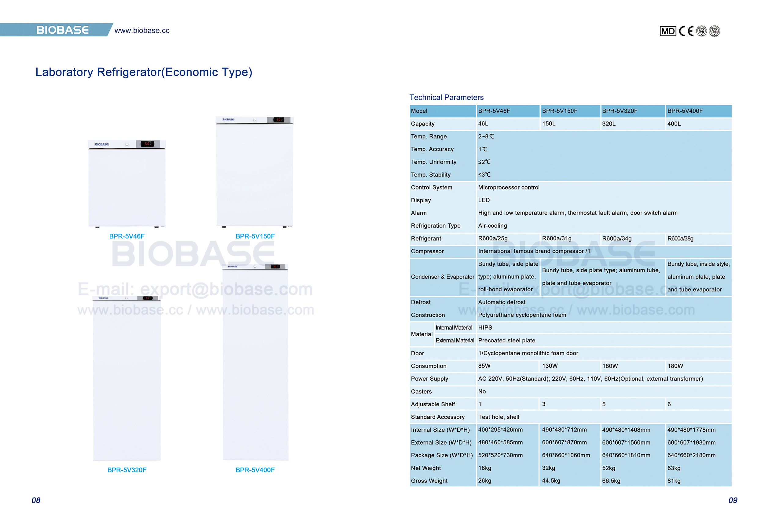 8-9 Labork&uuml;hlschrank (Wirtschaftstyp) BPR-5v46f BPR-5v150f BPR-5v320f BPR-5v400f